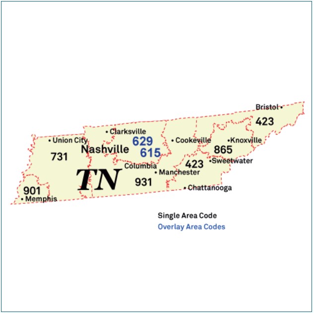 Mapa-de-códigos-de-área-de-Tennessee